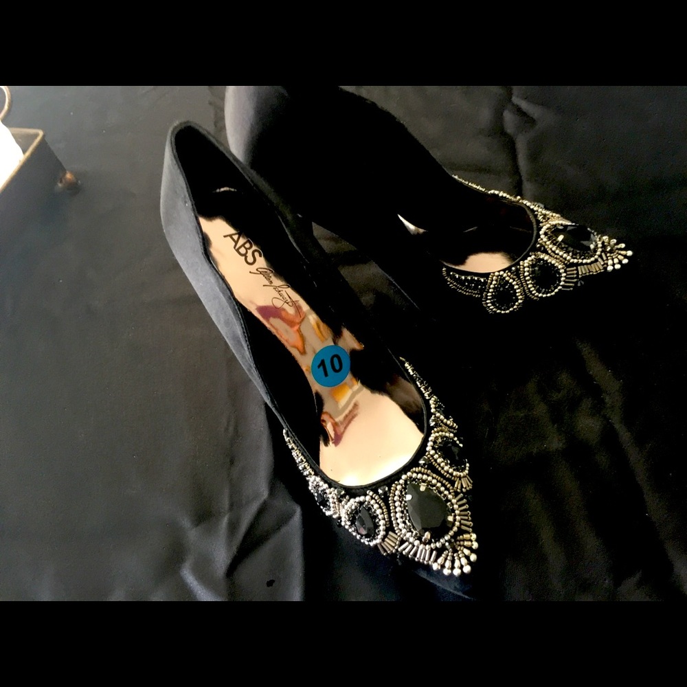 Black satin embellished 4.5 inch  silver heal